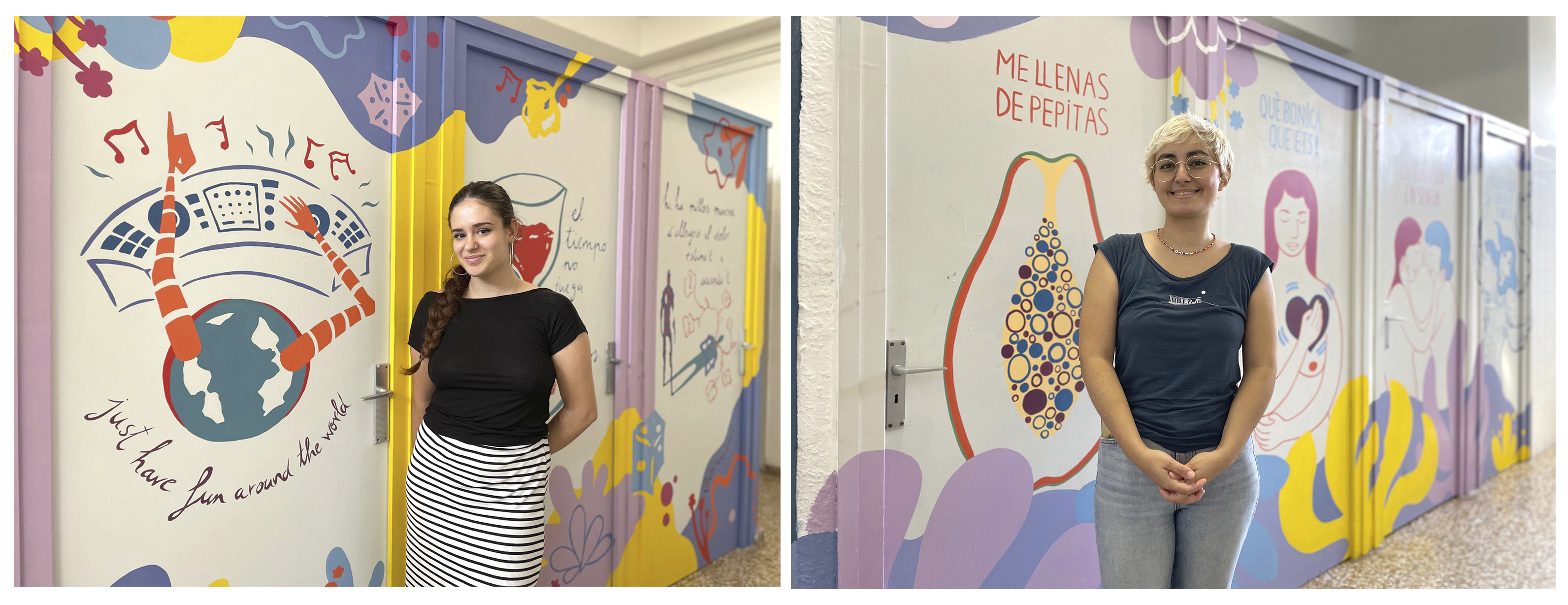 Ruth i Clara davant el seus respectius treballs murals