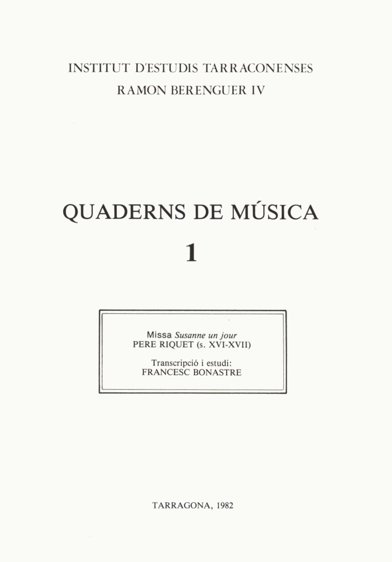 Quaderns que recullen una sèrie d'obres musicals vinculades a Tarragona. Cadascun dels quaderns és un petit monument recordatori de la tradició musical de la ciutat i del país. Fascicle publicat en col·laboració amb l'Institut Universitat de Documentació i Investigació Musicològica "Josep Ricart i Matas" de la Universitat Autònoma de Barcelona